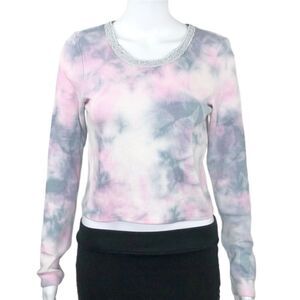 American Eagle Women’s Pink Blue Tie Dye Waffe Knit Long Sleeve Crop Top Size M